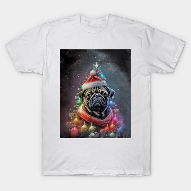 Black Pug Dog Christmas Tree Santa T-Shirt by candiscamera